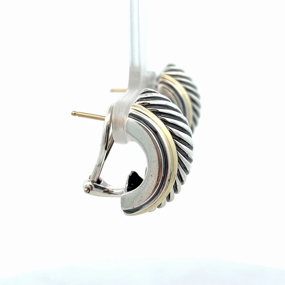David Yurman 925 Sterling Silver 14K Gold Thoroughbred Collection Omega Earrings